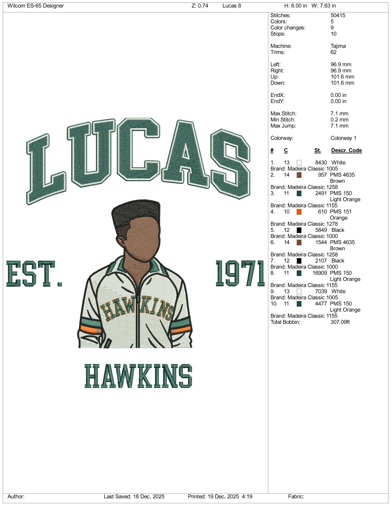 Lucas Est 1971 Hawkins Embroidery Design Files - 3 Size's