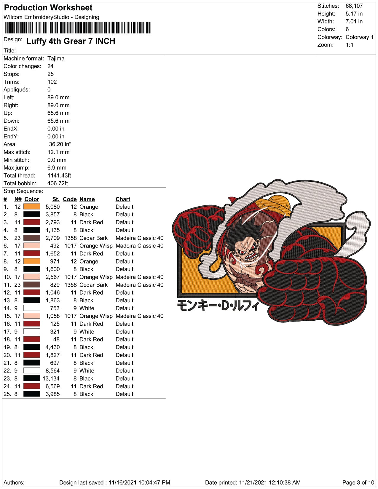 Monkey D Luffy v11 Embroidery Design Files - 4 Size's
