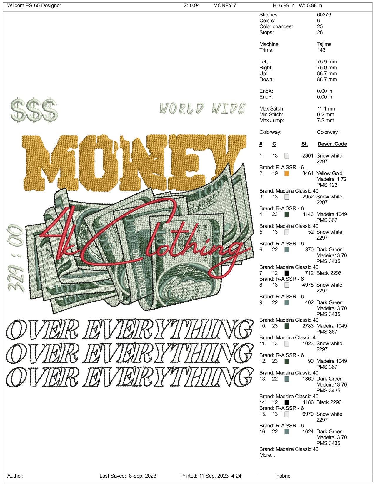 Money Over Everything Embroidery Design Files - 3 Size's