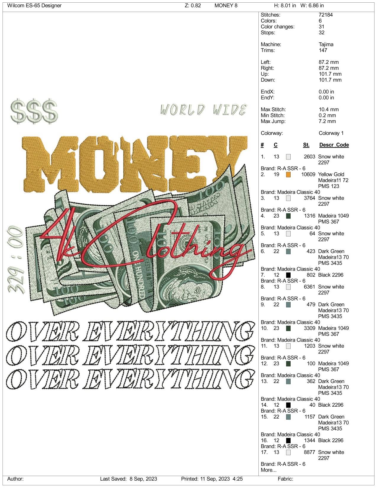 Money Over Everything Embroidery Design Files - 3 Size's