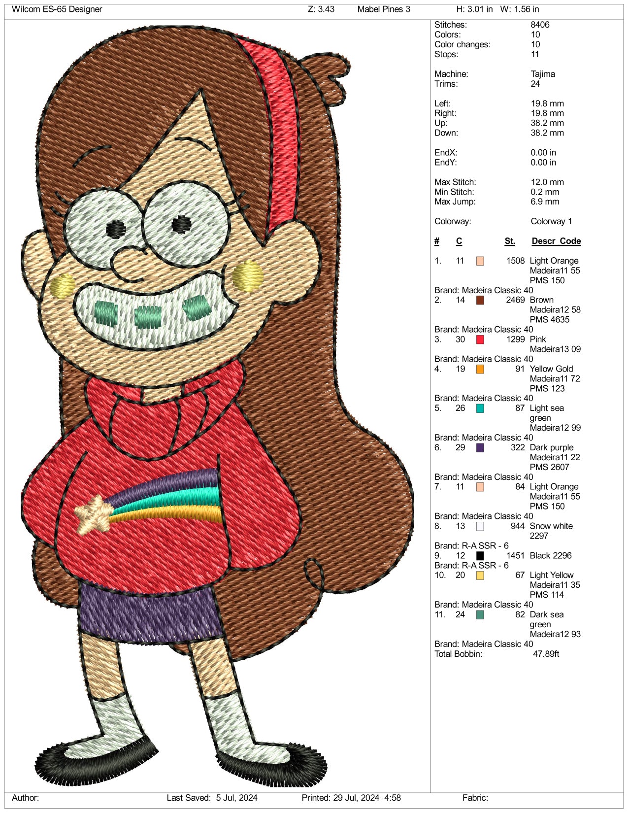Mabel Pines Embroidery Design Files - 3 Size's