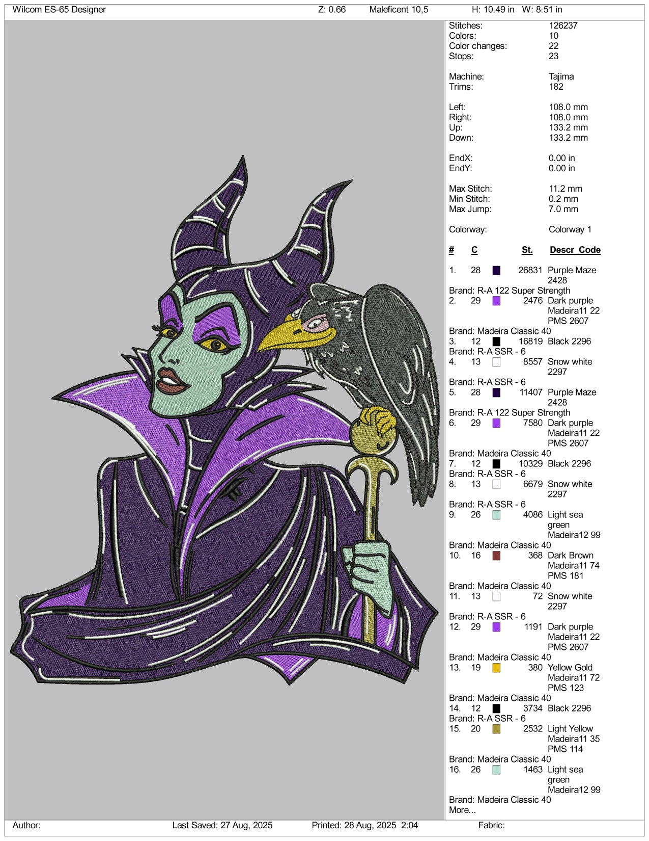 Maleficent Embroidery Design Files - 3 Size's