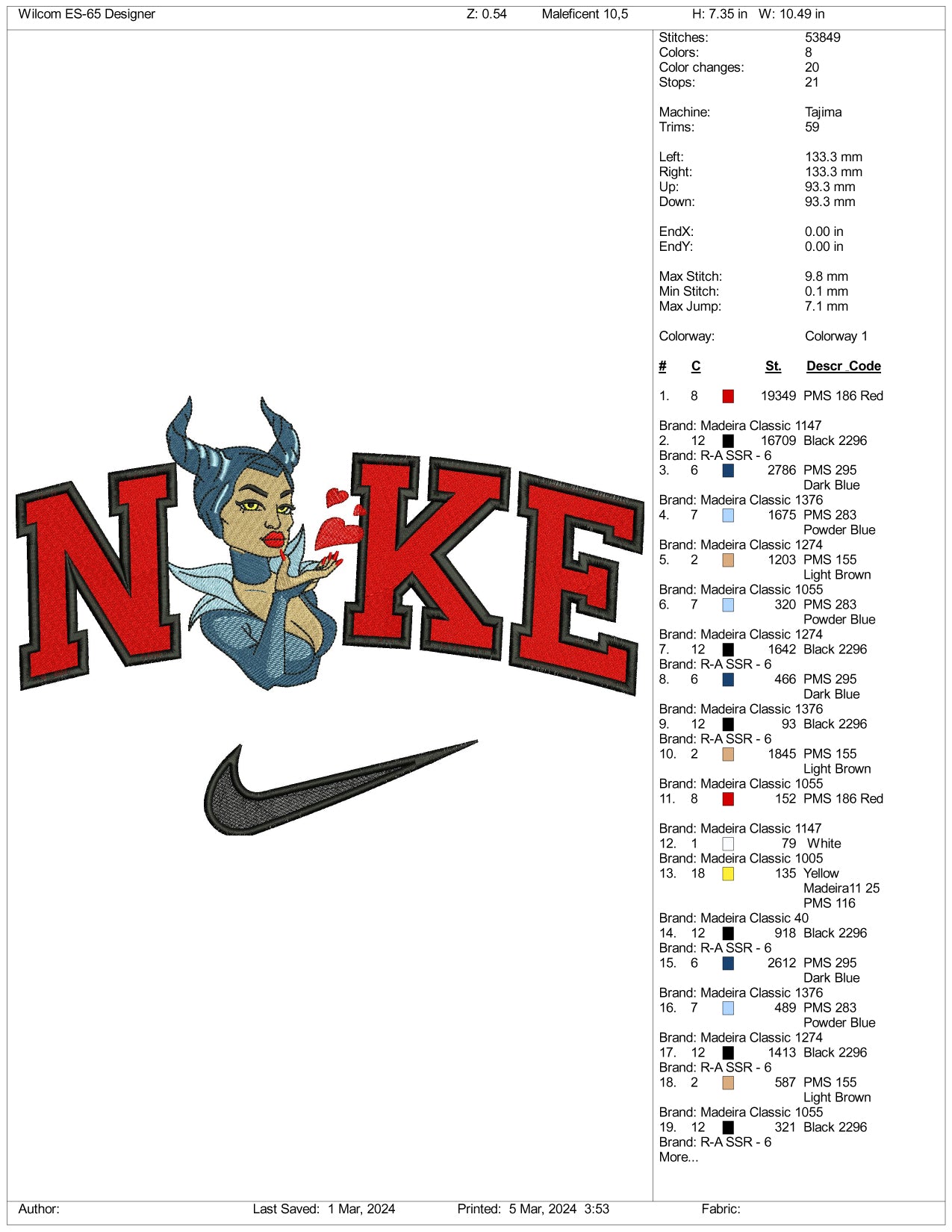 Archivos de diseño de bordado de Nike Maléfica (3 tamaños)