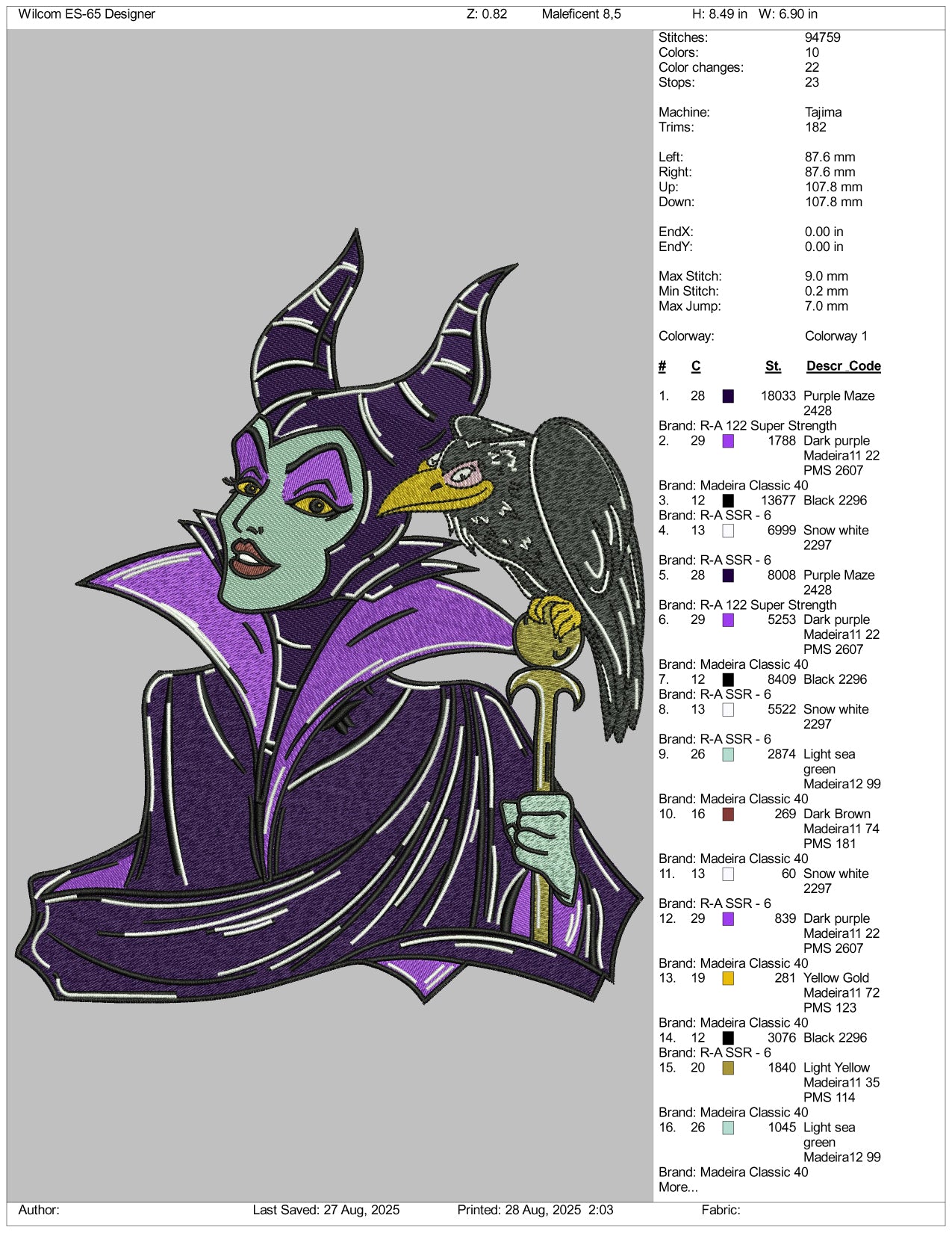Maleficent Embroidery Design Files - 3 Size's