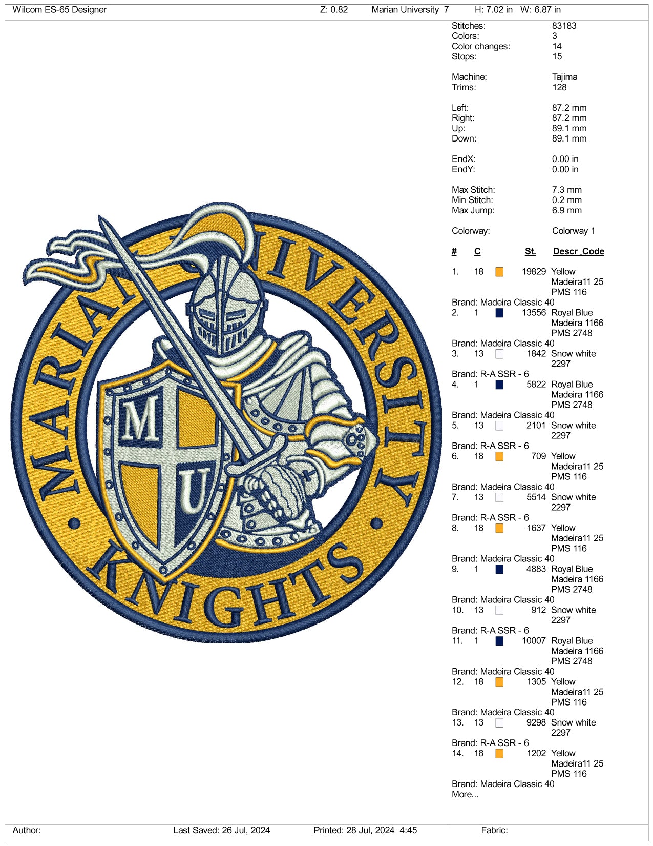 Marian University Knights Embroidery Files - 3 Size's