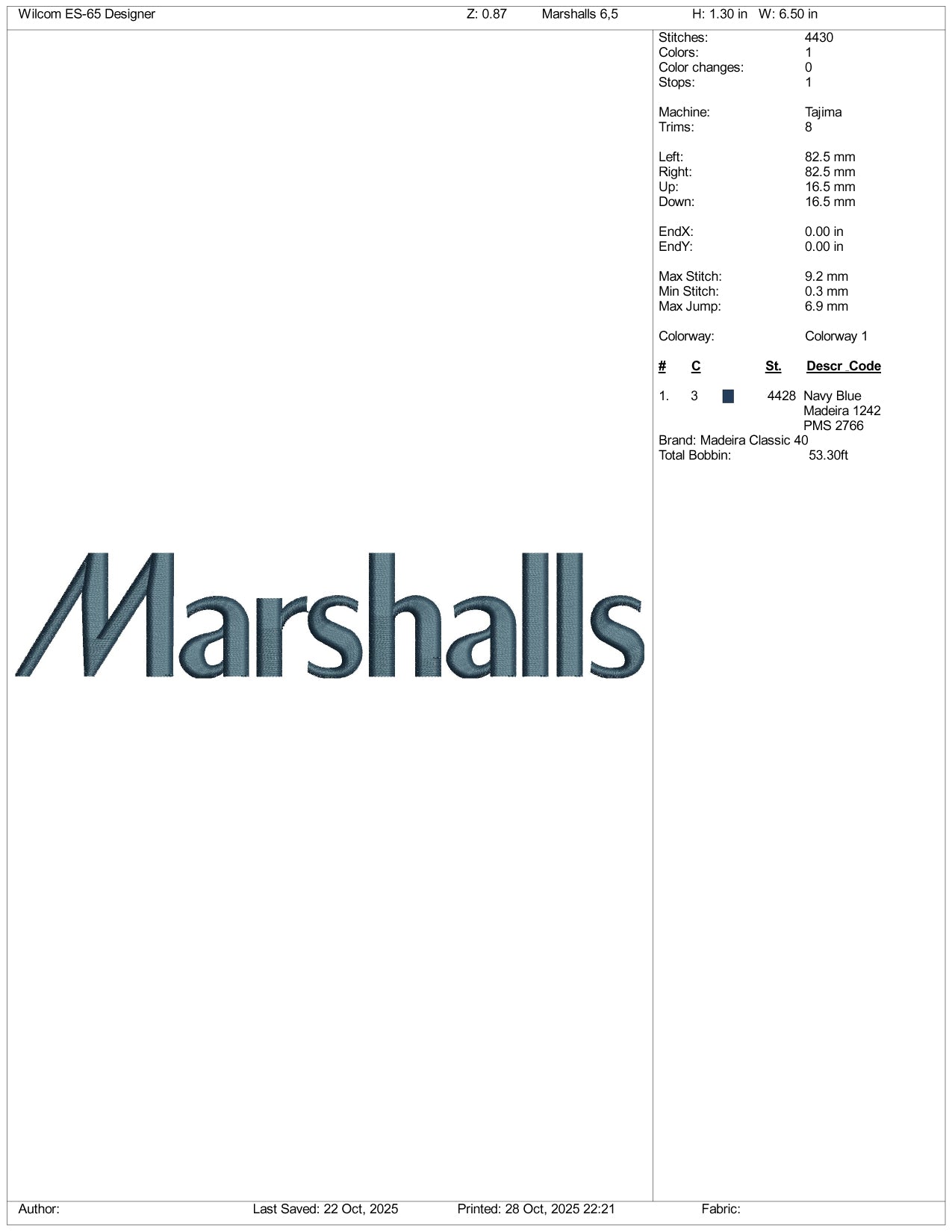 Marshalls Logo Embroidery Design Files - 4 Size's