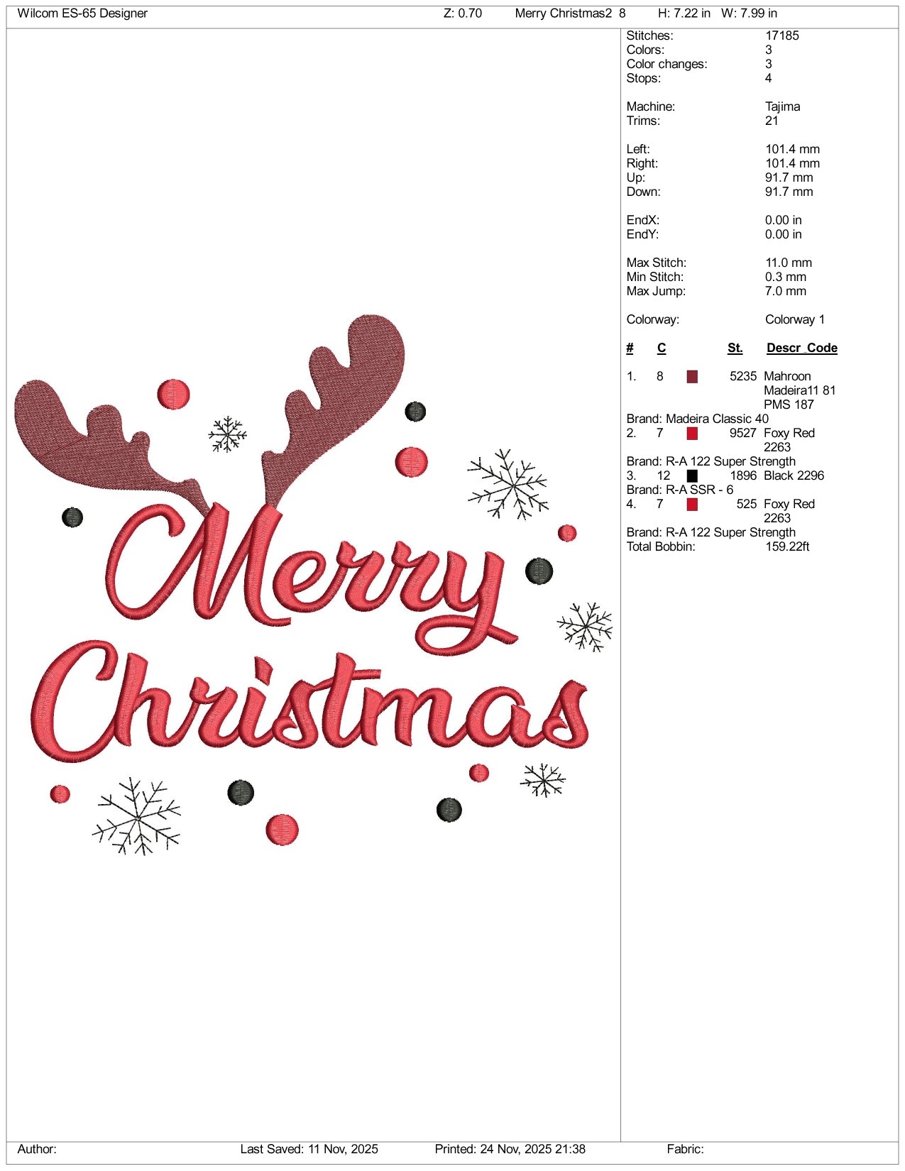 Merry Christmas Deer Horns Embroidery Design Files - 5 Size's
