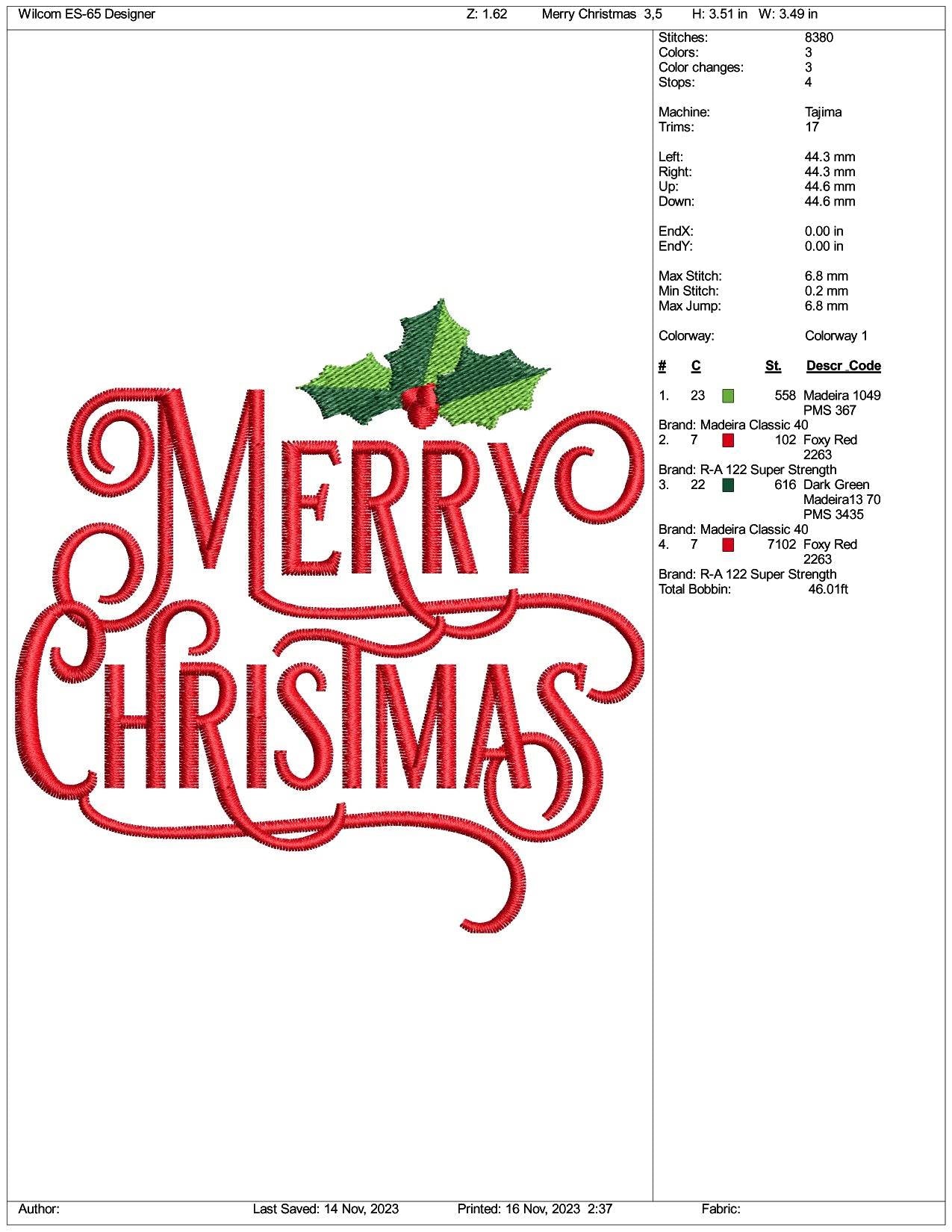 Merry Christmas  Embroidery Design Files - 3 Size's