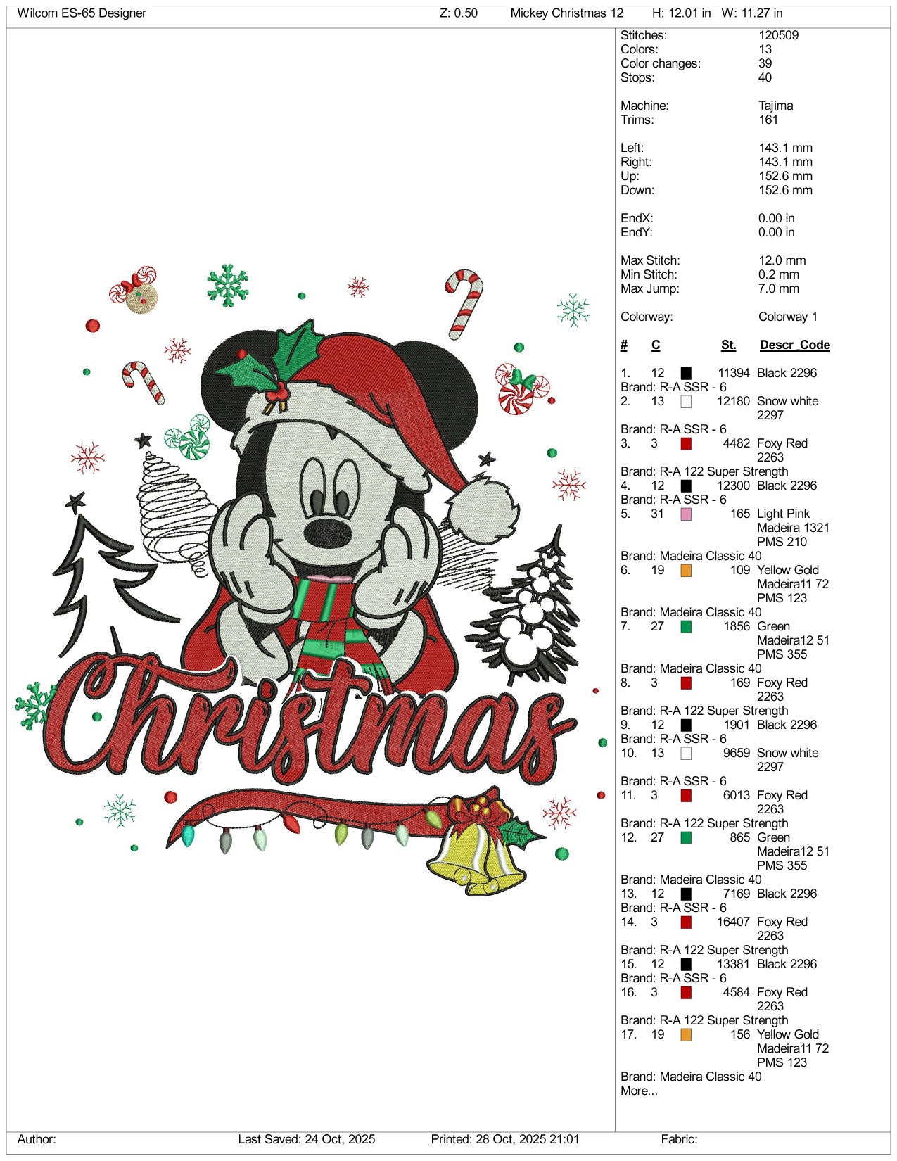 Mickey Mouse Christmas Embroidery Design Files - 4 Size's