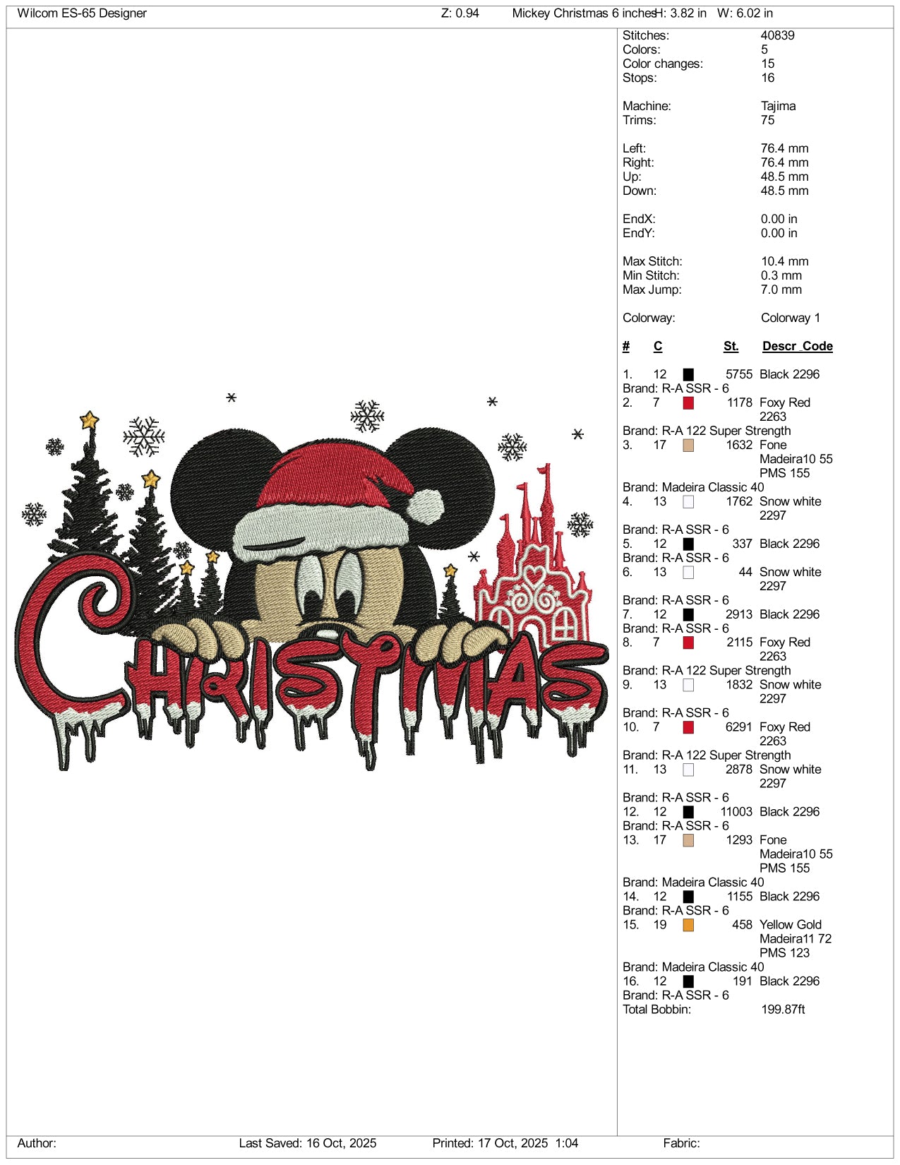 Mickey Mouse Christmas Disneyland Embroidery Design Files - 4 Size's