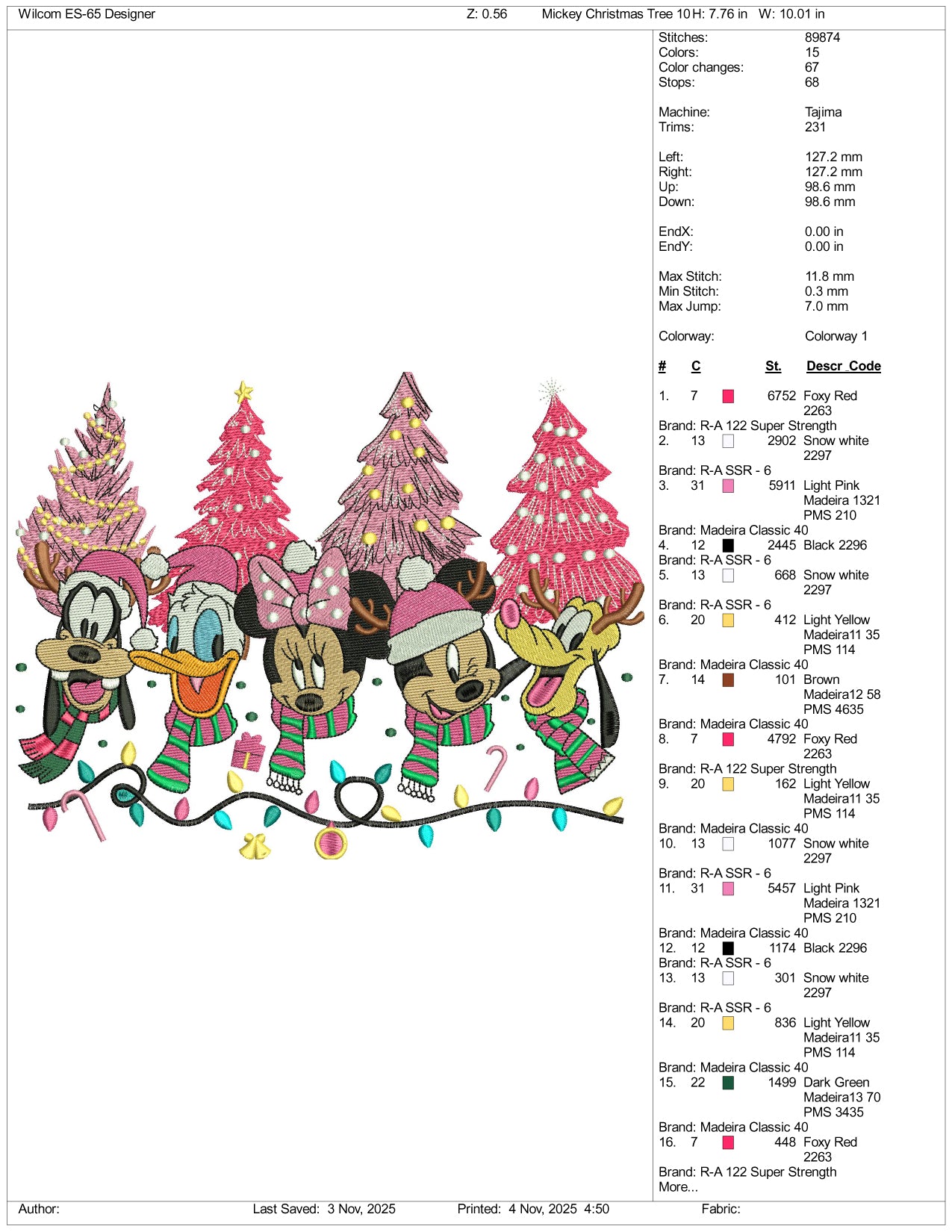 Pink Disney Christmas Embroidery Design Files - 4 Size's