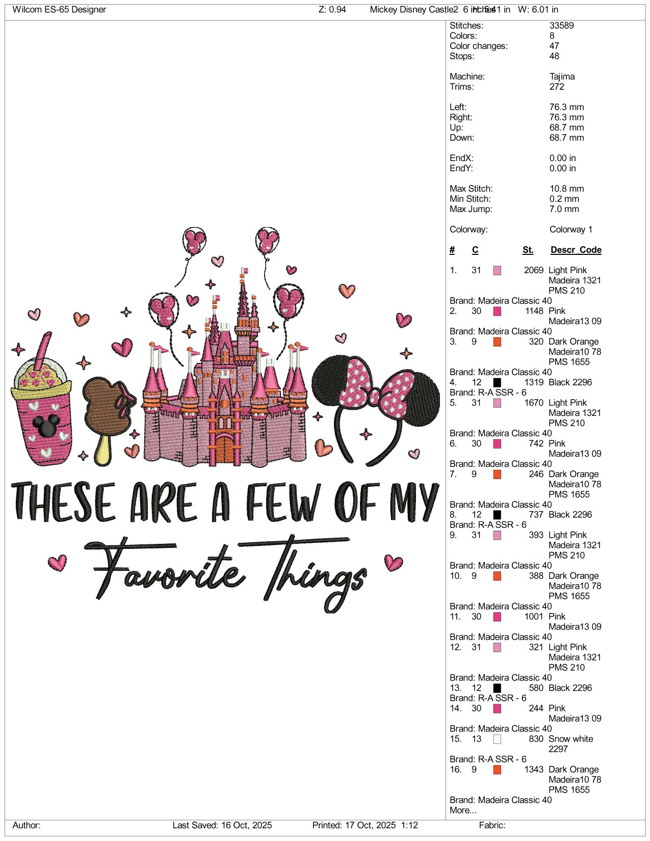 Disneyland These are a Few Of My Favorite Things Embroidery Design Files - 4 Size's