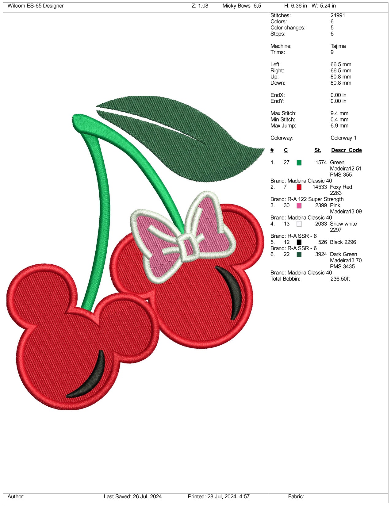 Archivos de bordado de cerezas de Mickey Mouse - 3 tamaños
