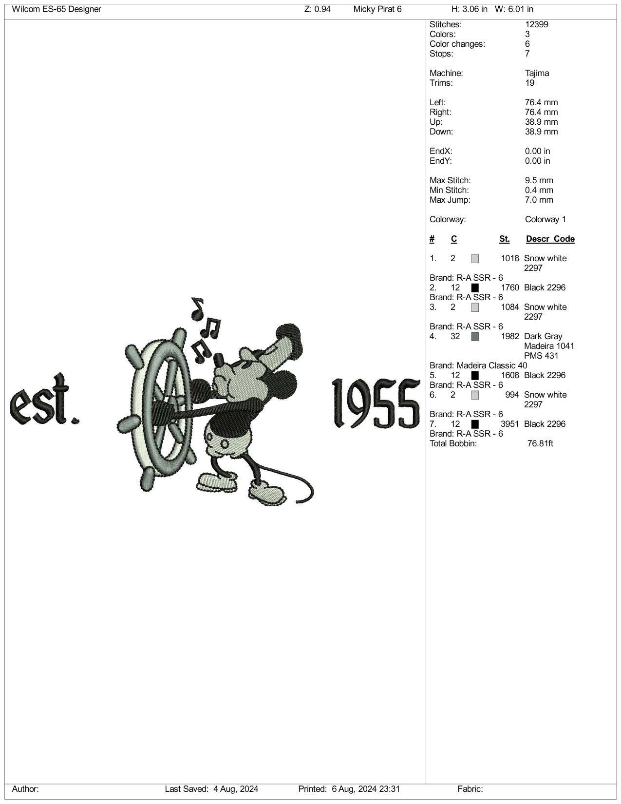 Captain Mickey Mouse est 1955 Embroidery Files - 3 Size's