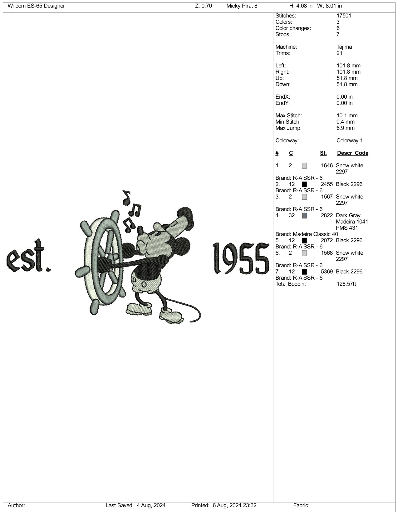 Captain Mickey Mouse est 1955 Embroidery Files - 3 Size's