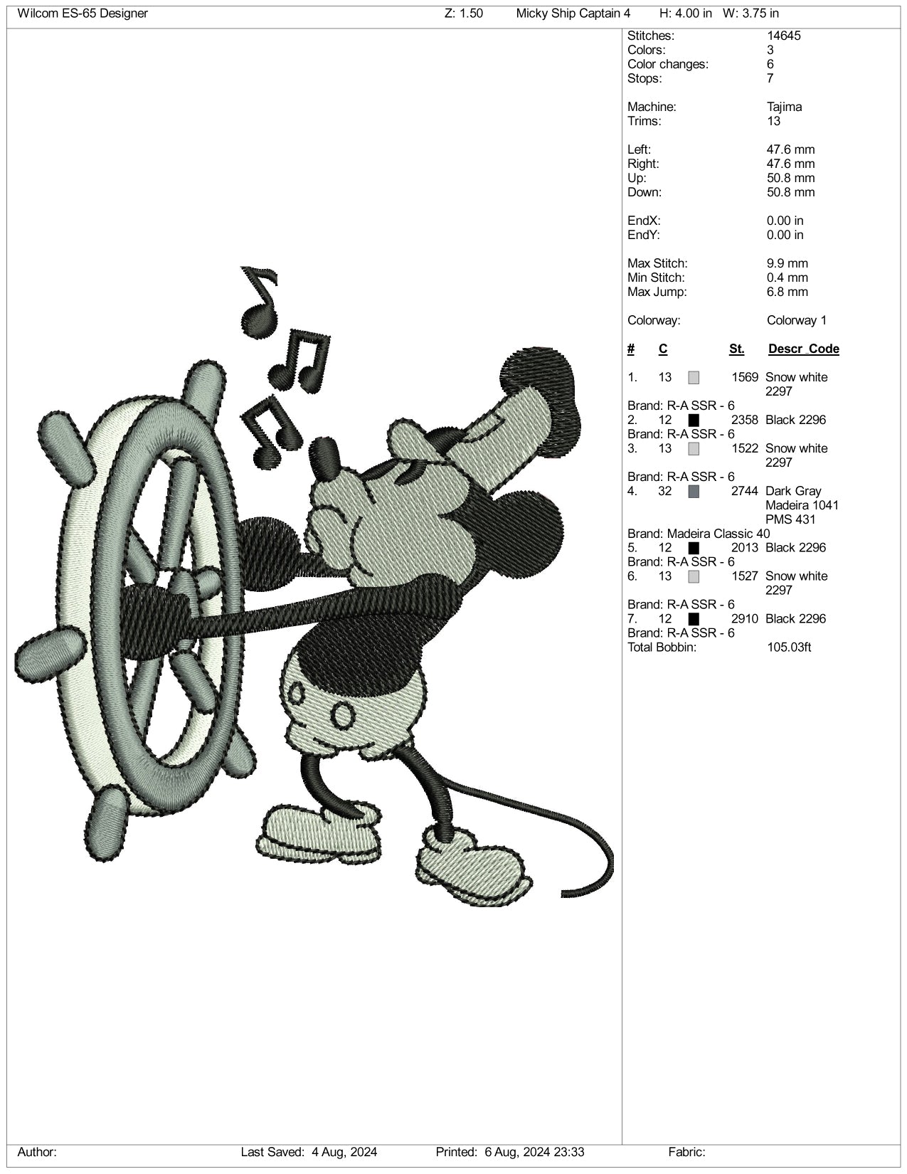 Captain Mickey Mouse Embroidery Files - 3 Size's