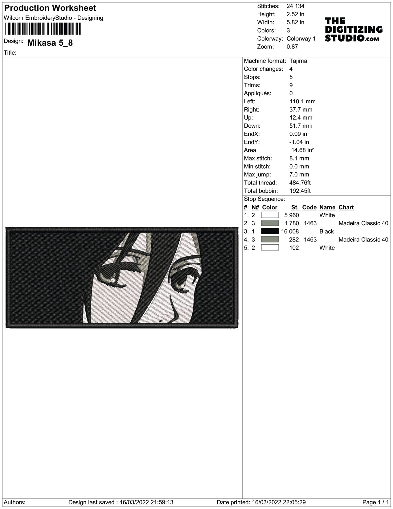 Mikasa Ackerman v5 Embroidery Design Files - 5 Size's