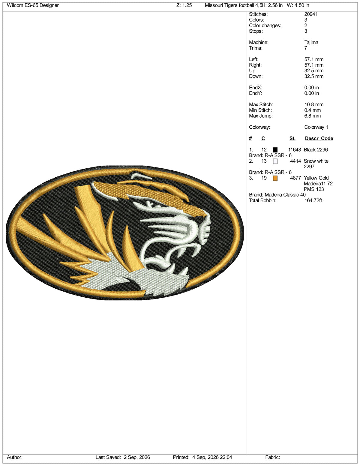 Missouri Tigers Football Logo Embroidery Design Files - 3 Size's
