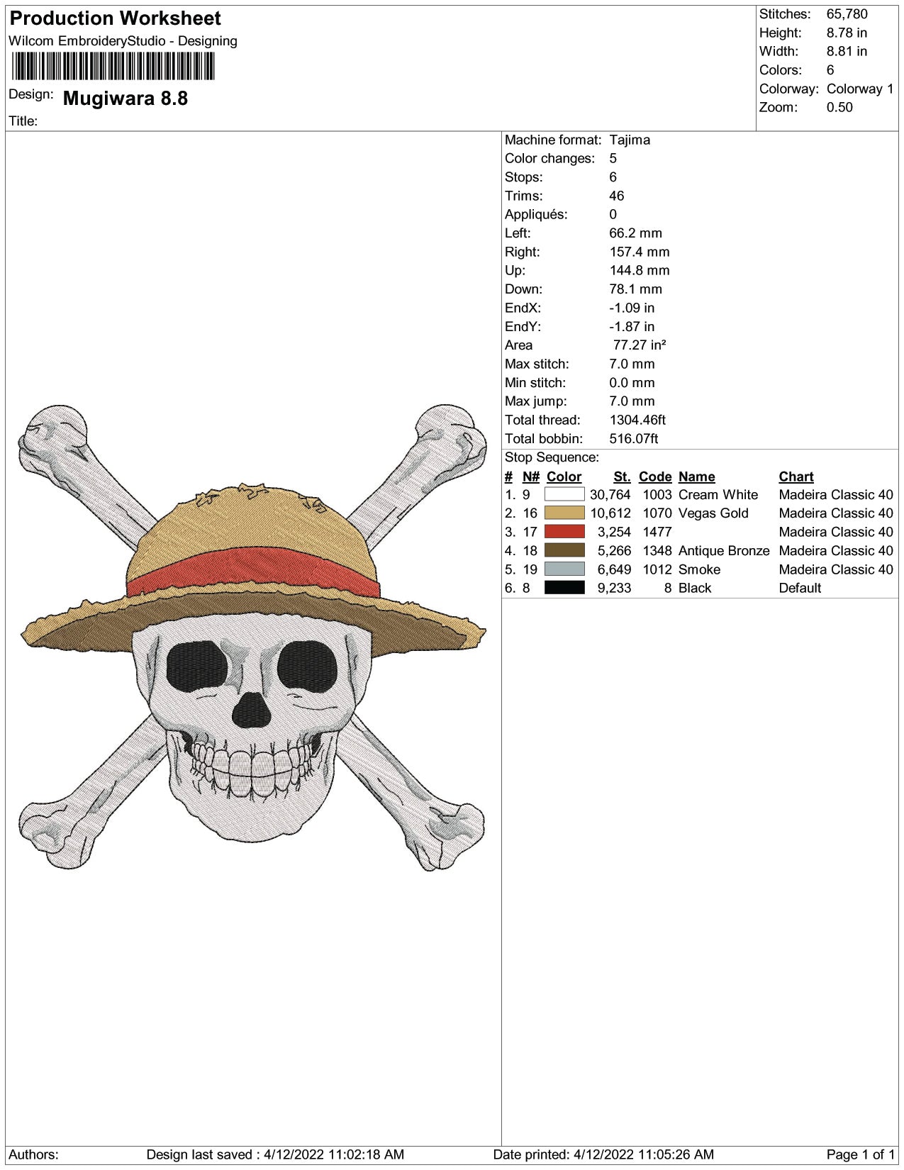 Mugiwara Logo Embroidery Design Files - 1 Size