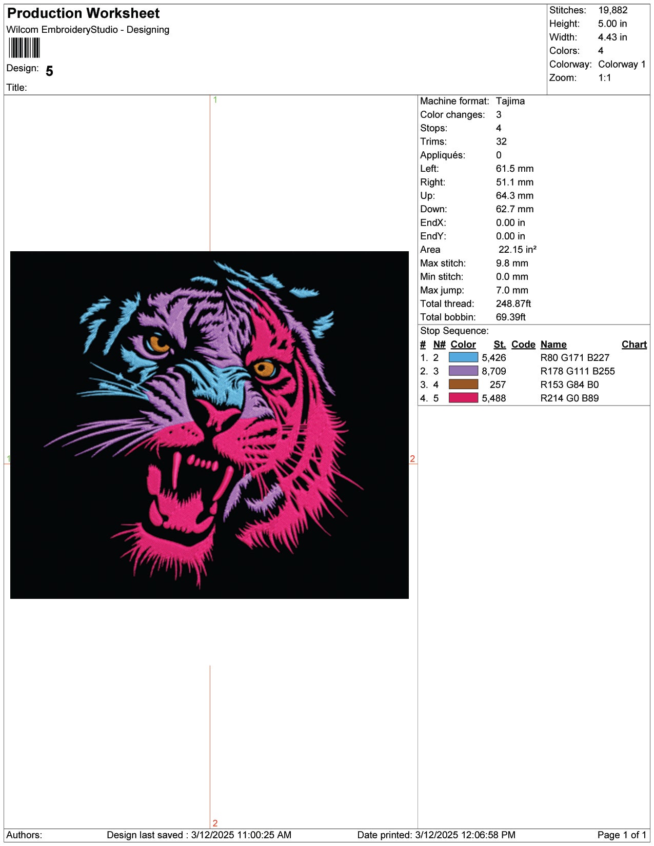 Multicolor Roaring Tiger Embroidery Design Files - 9 Size's