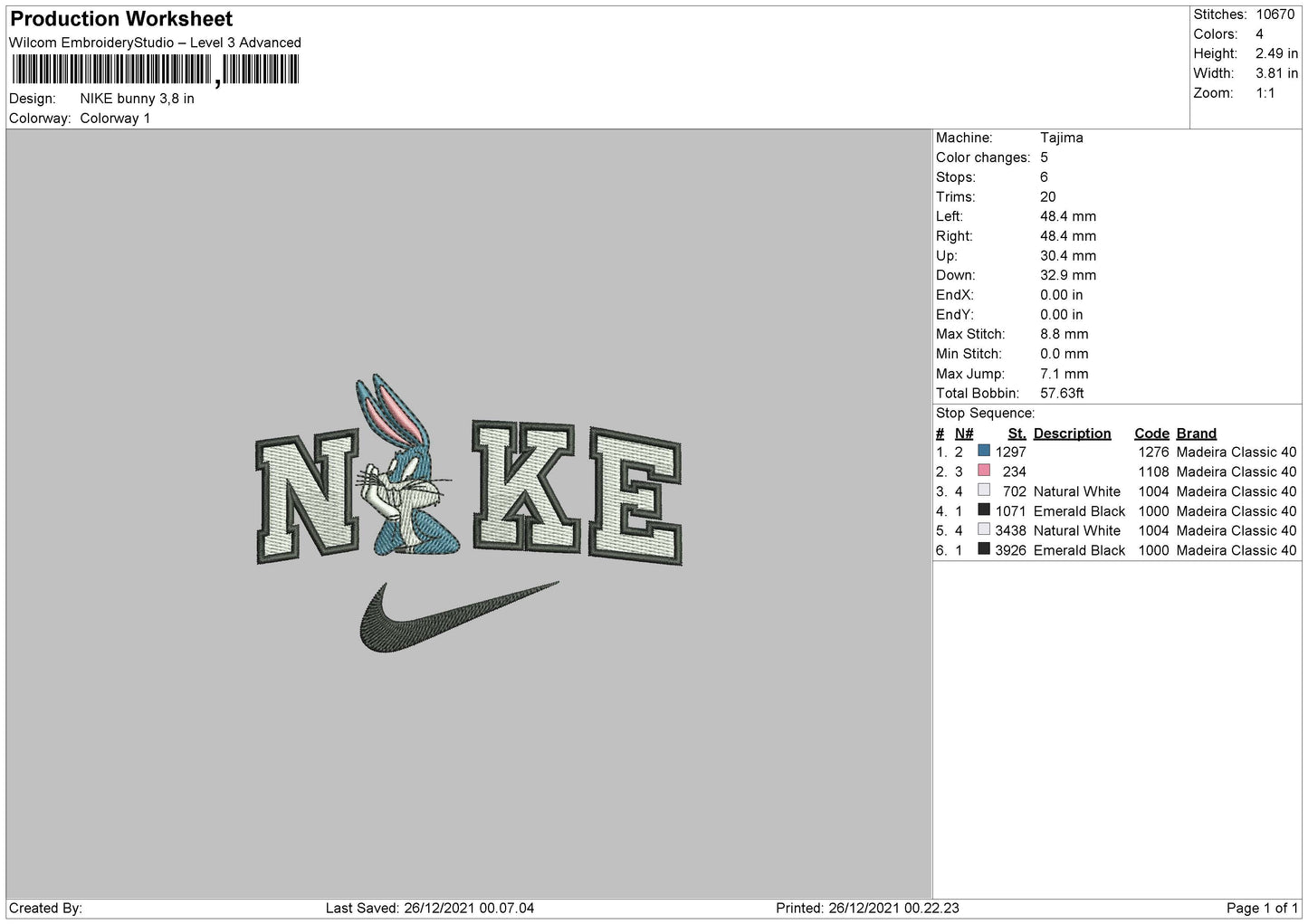 Nike Bugs Bunny v4 Embroidery Design Files - 4 Size's