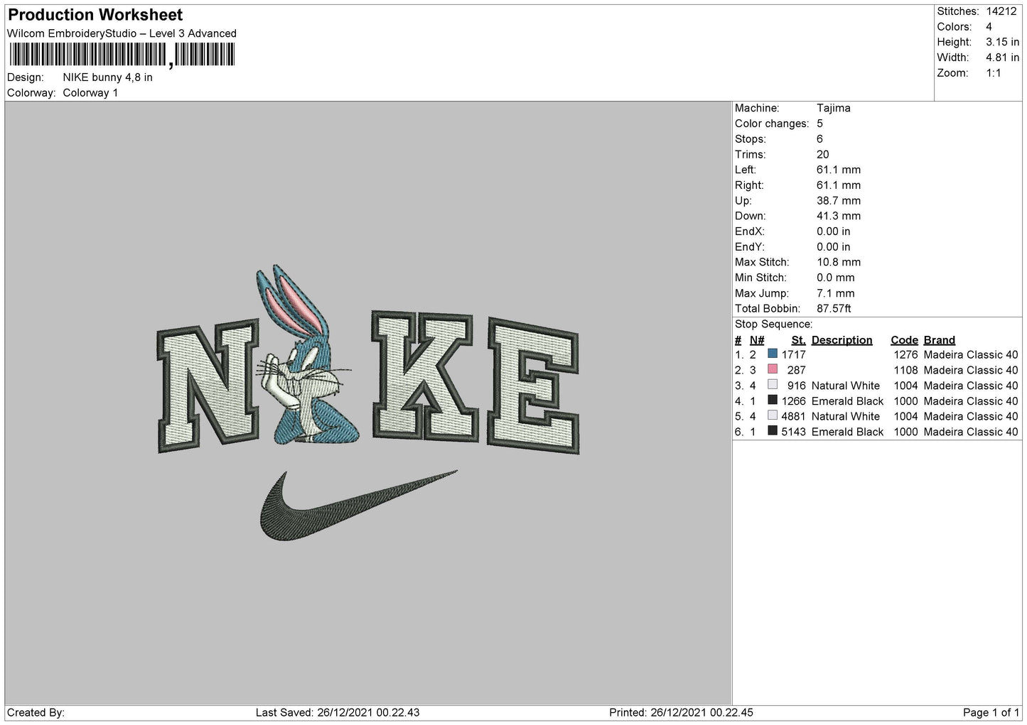 Nike Bugs Bunny v4 Embroidery Design Files - 4 Size's
