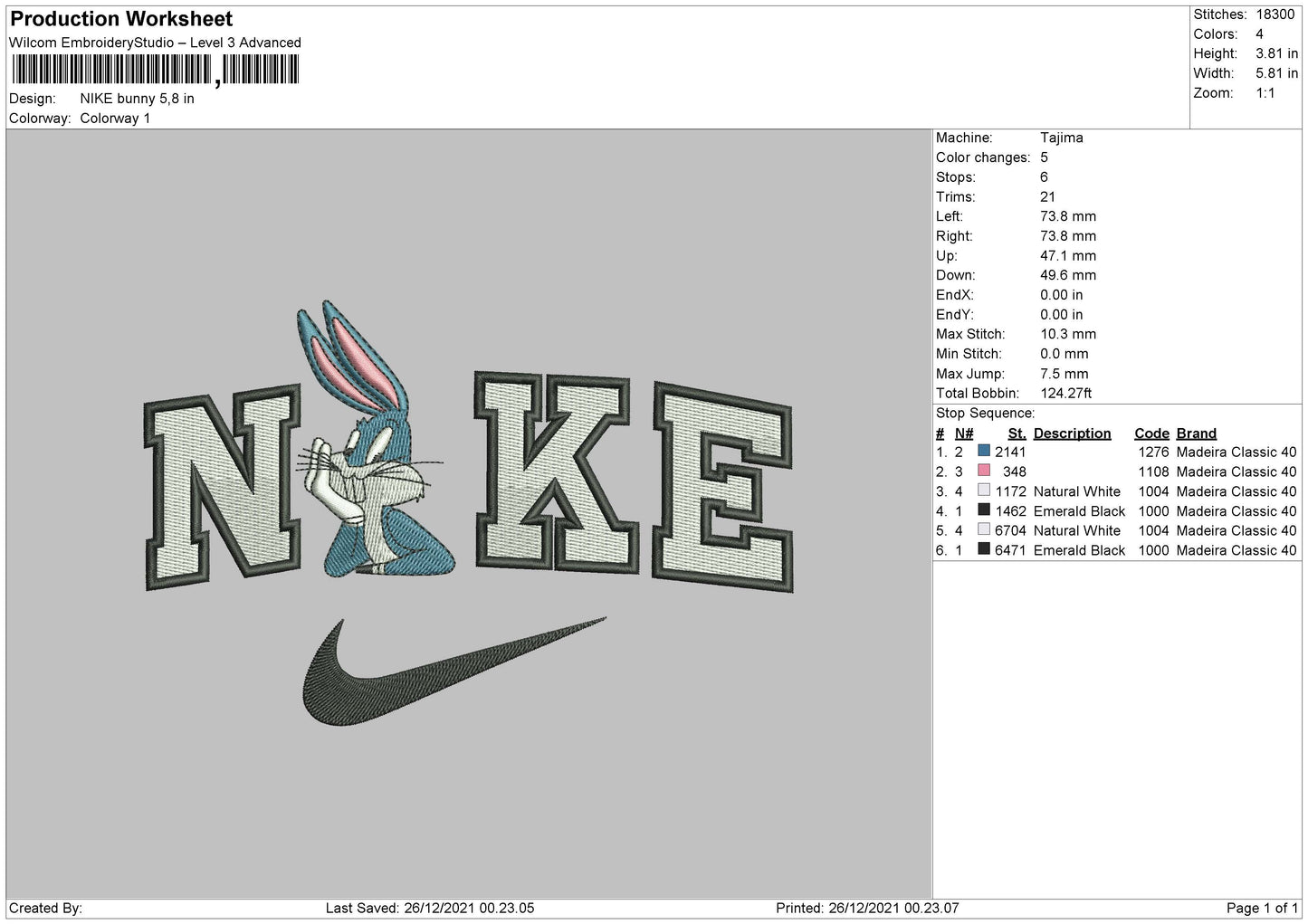Nike Bugs Bunny v4 Embroidery Design Files - 4 Size's