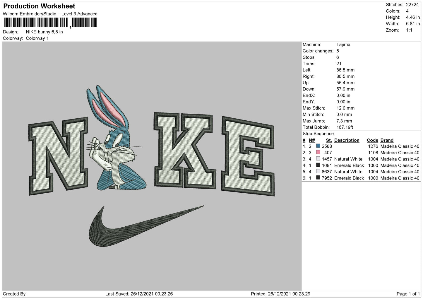 Nike Bugs Bunny v4 Embroidery Design Files - 4 Size's