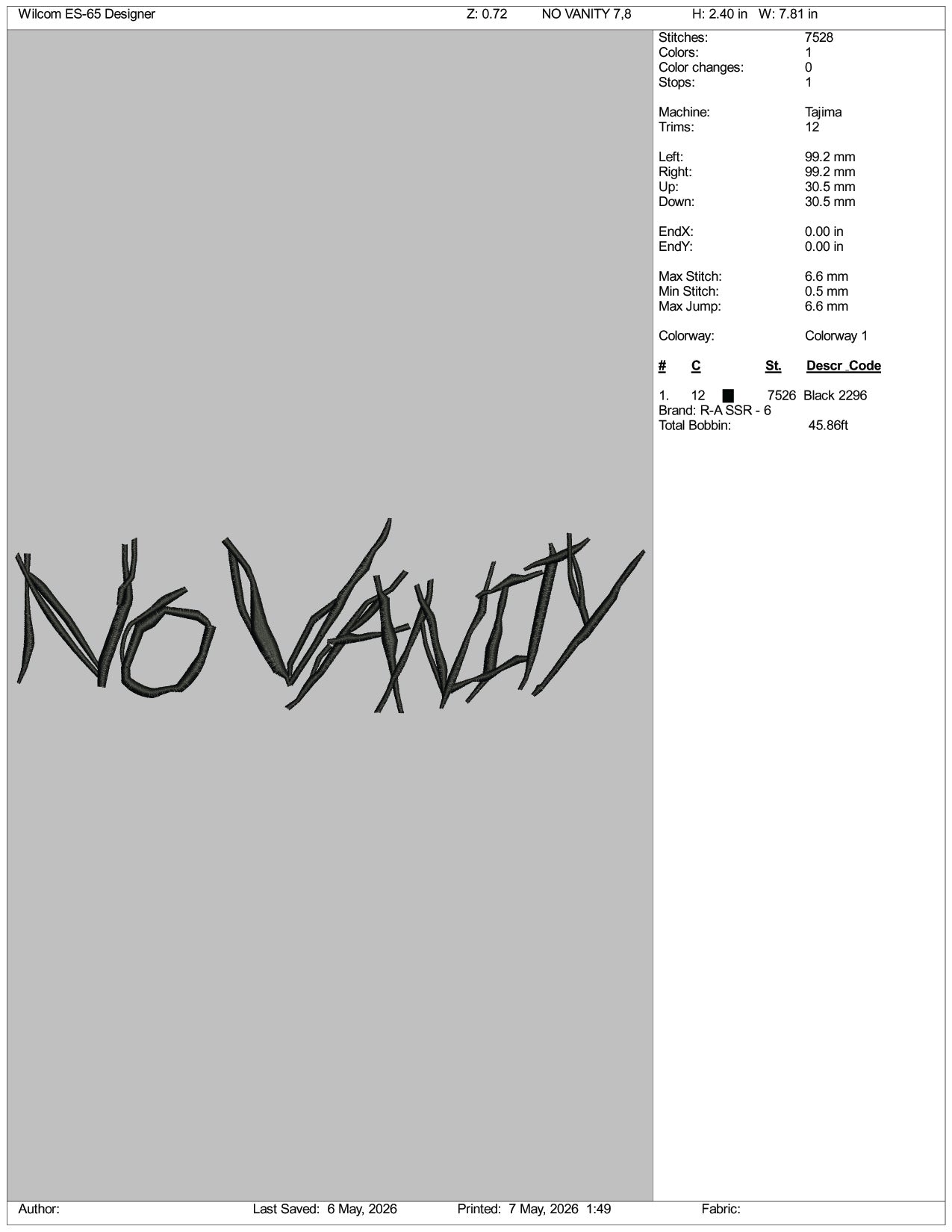 No Vanity Tattoo Embroidery Design Files - 3 Size's