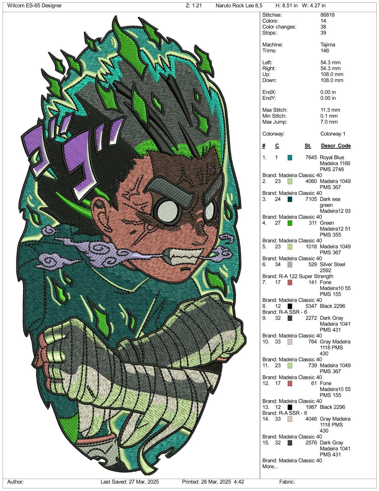 Naruto Rock Lee Embroidery Design Files - 3 Size's