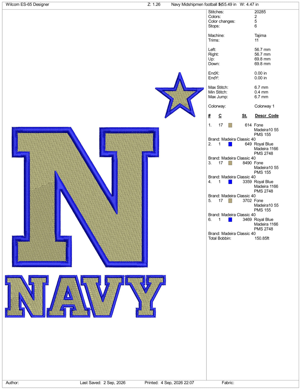 Navy Midshipmen Football Logo Embroidery Design Files - 3 Size's