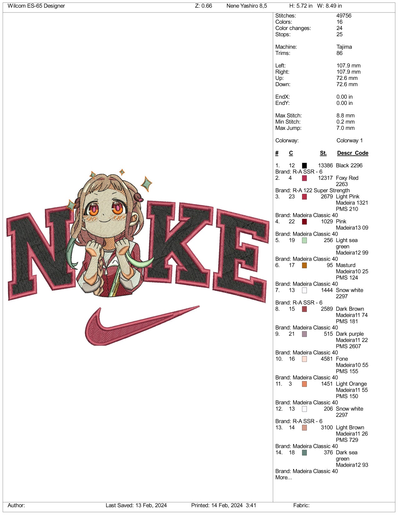 Archivos de diseño de bordado Nike Yashiro Nene v2 (3 tamaños)