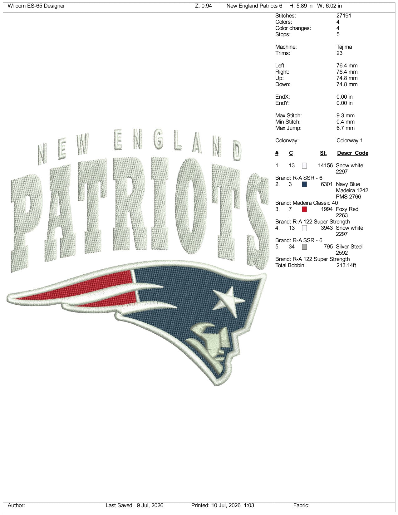 New England Patriots Logo Embroidery Design Files - 3 Size's