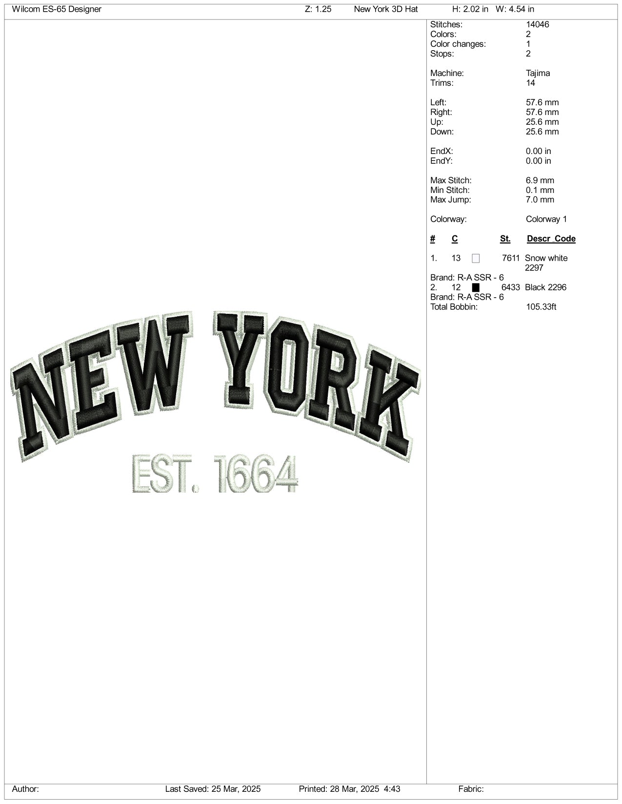 3D New York est 1664 Embroidery Design Files - 1 Size