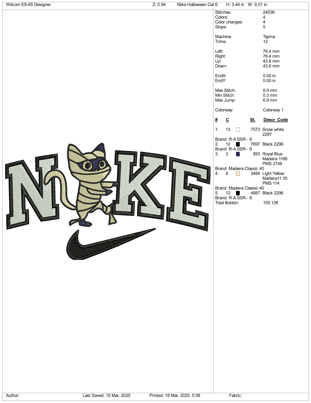 NIke Mummy Kitty Embroidery Files - 3 Size's