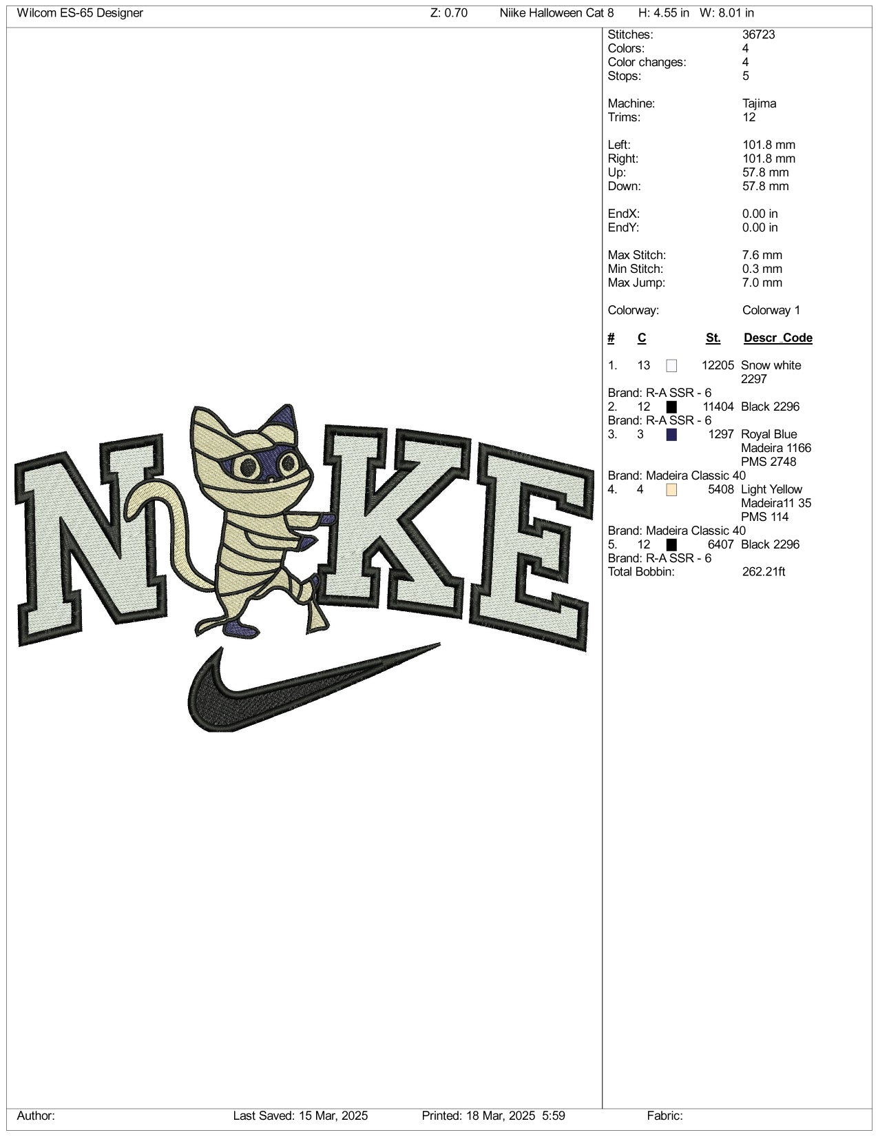 NIke Mummy Kitty Embroidery Files - 3 Size's