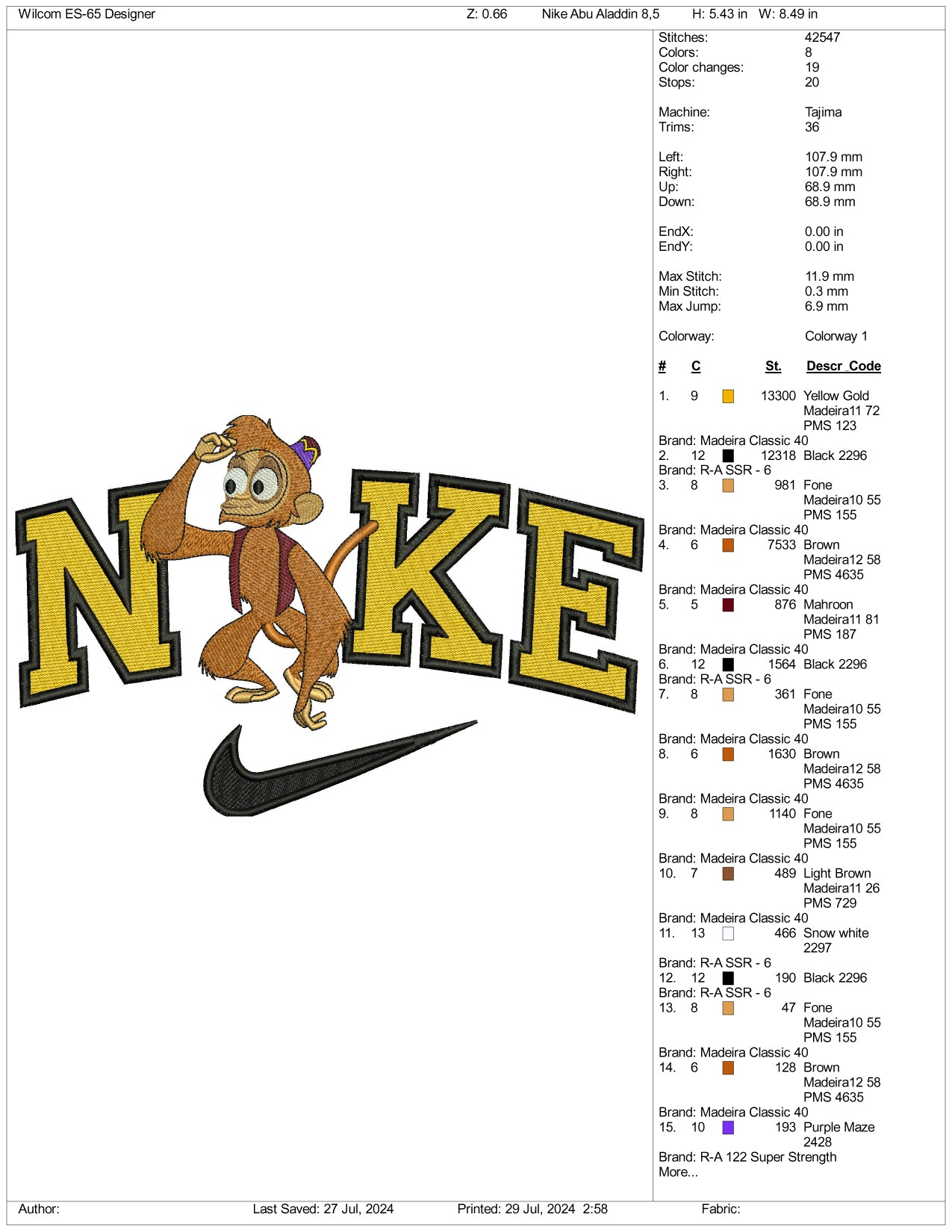 Nike Aladdin Abu Embroidery Design Files - 3 Size's