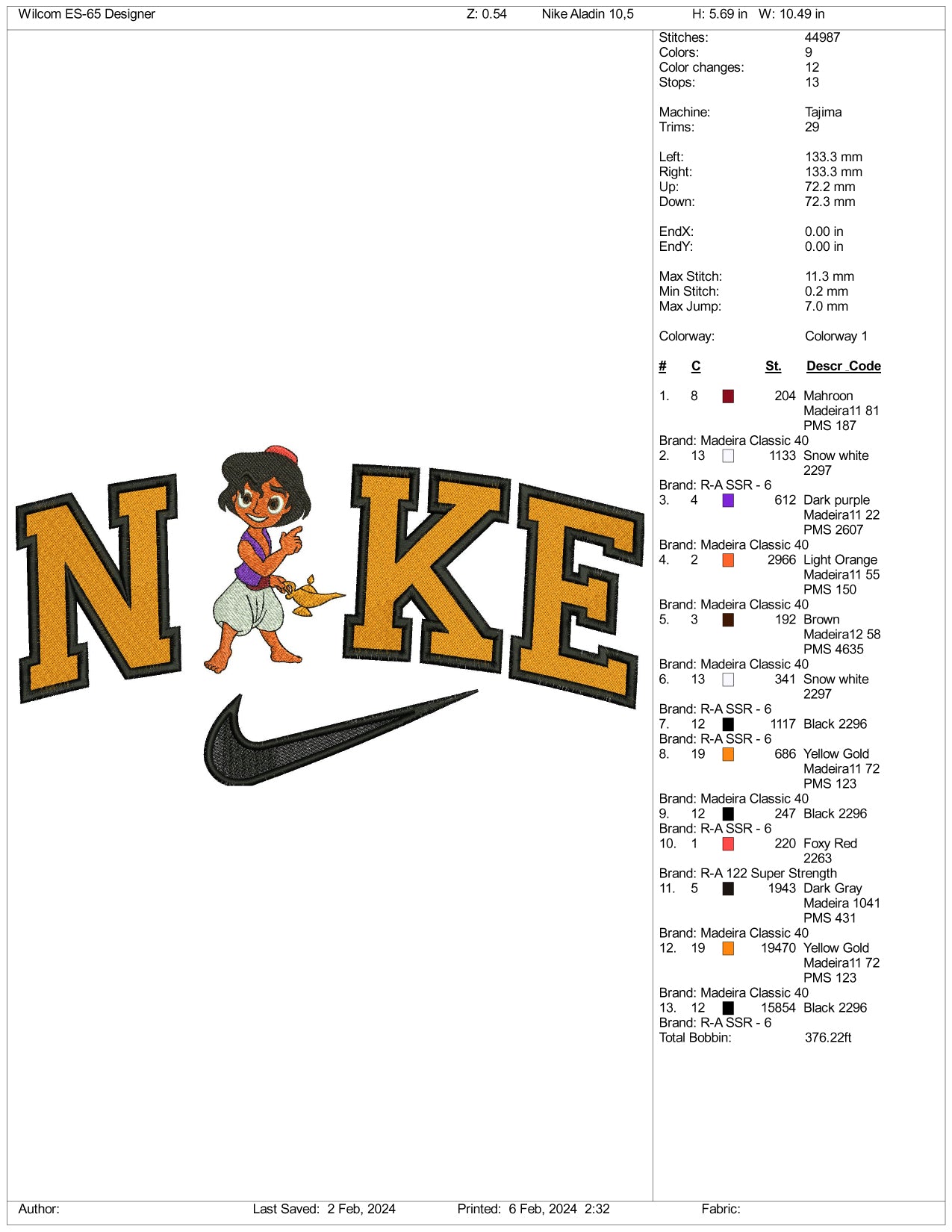 Archivos de diseño de bordado Nike Chibi Aladdin (3 tamaños)