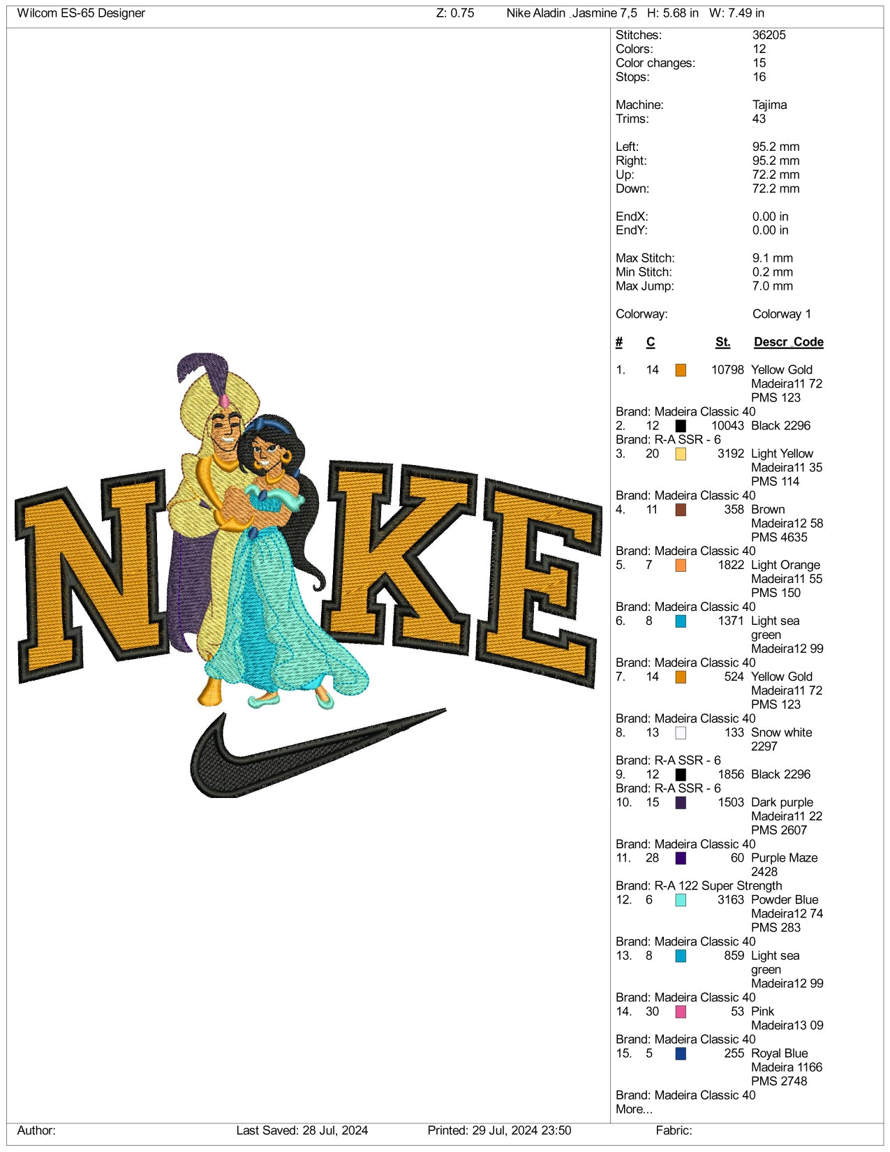 Archivos de diseño de bordado de Nike Aladdin y Jasmine (3 tamaños)