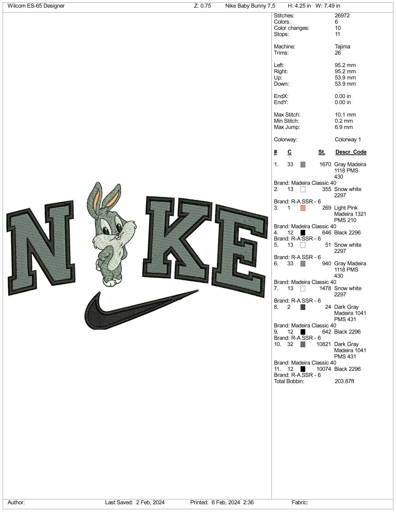 Archivos de diseño de bordado de Bugs Bunny de Nike Chibi (3 tamaños)