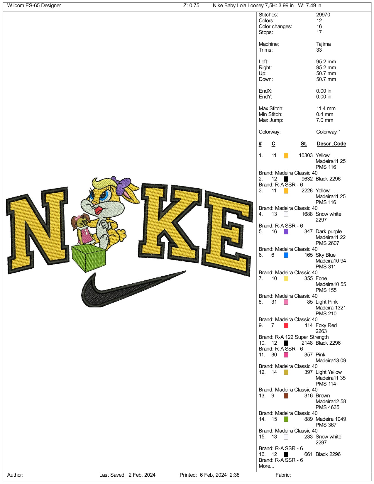 Archivos de diseño de bordado de Nike Chibi Lola Bunny (3 tamaños)