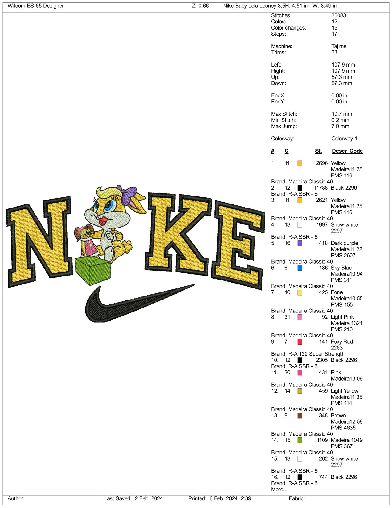 Archivos de diseño de bordado de Nike Chibi Lola Bunny (3 tamaños)