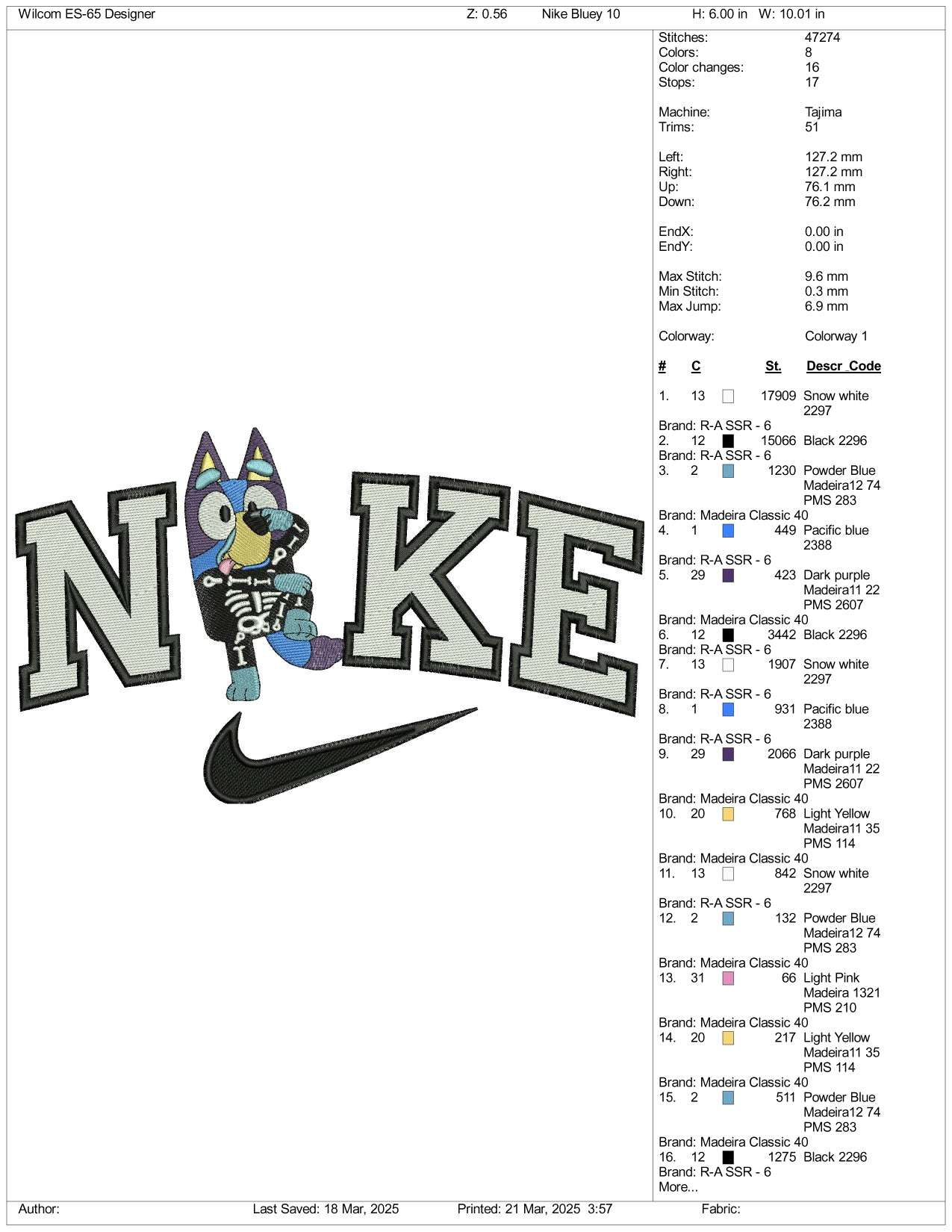 Nike Bluey v2 Embroidery Design Files - 3 Size's