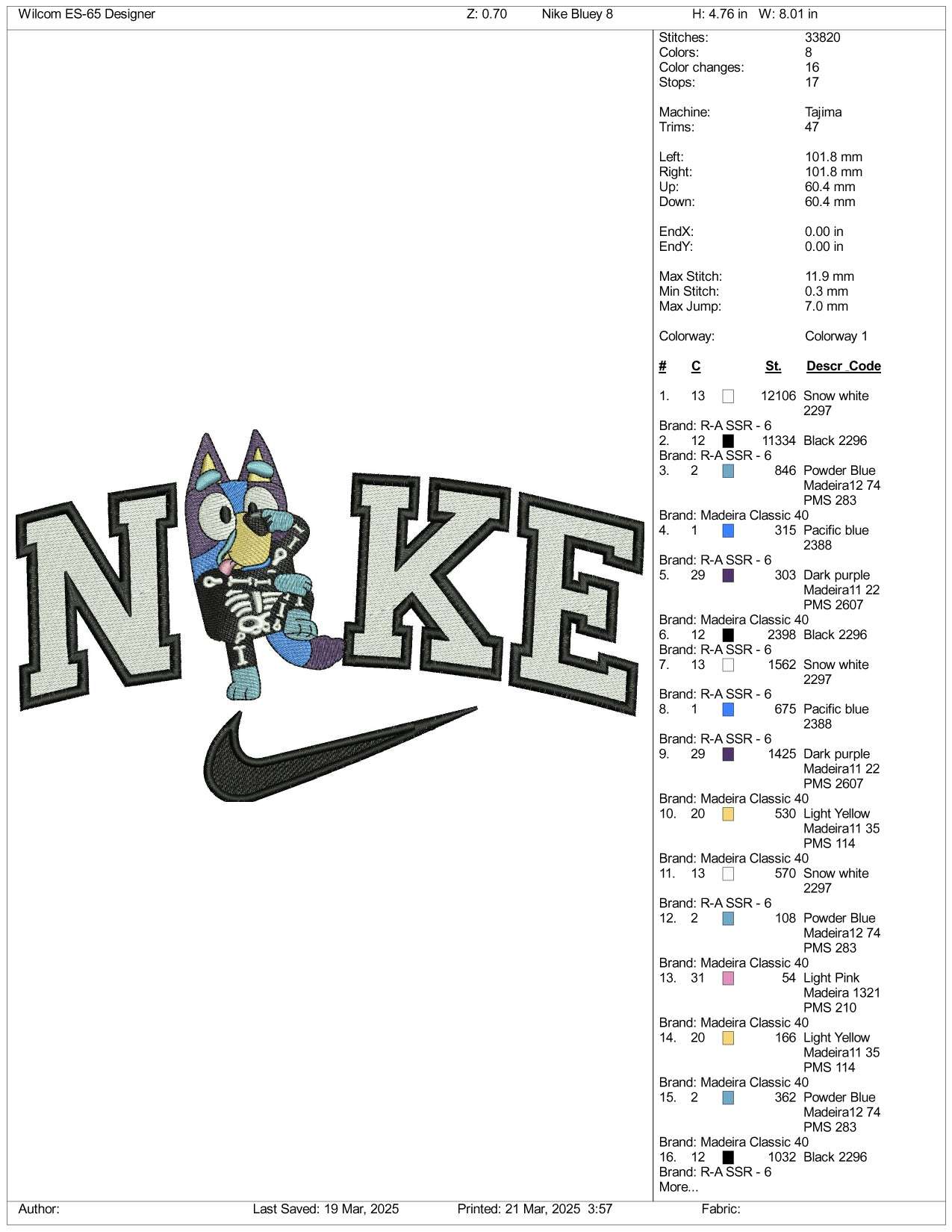 Nike Bluey v2 Embroidery Design Files - 3 Size's
