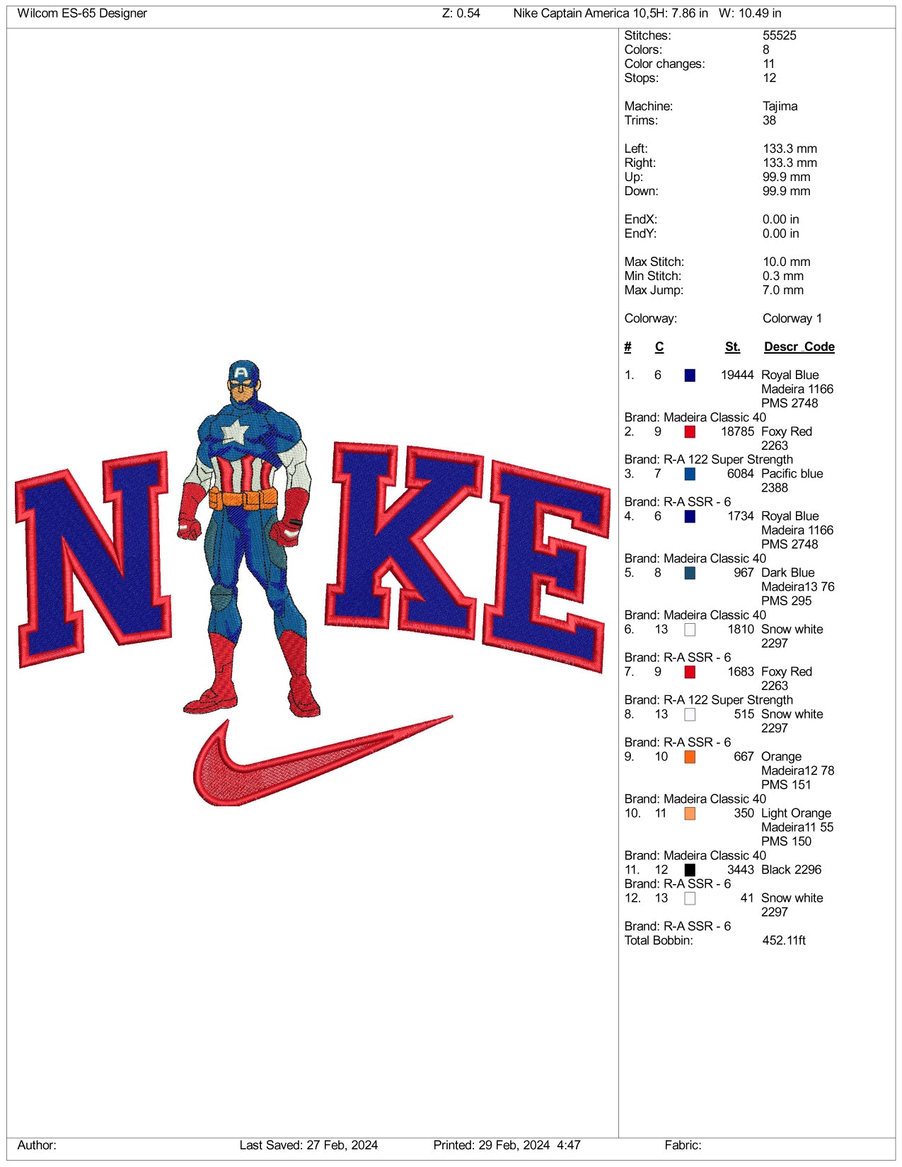 Archivos de diseño de bordado del Capitán América de Nike (3 tamaños)