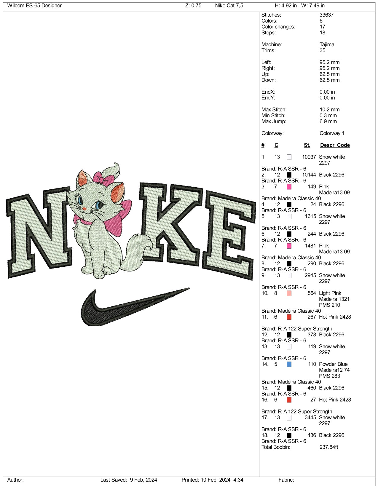 Archivos de diseño de bordado Nike Marie Cat - 3 tamaños