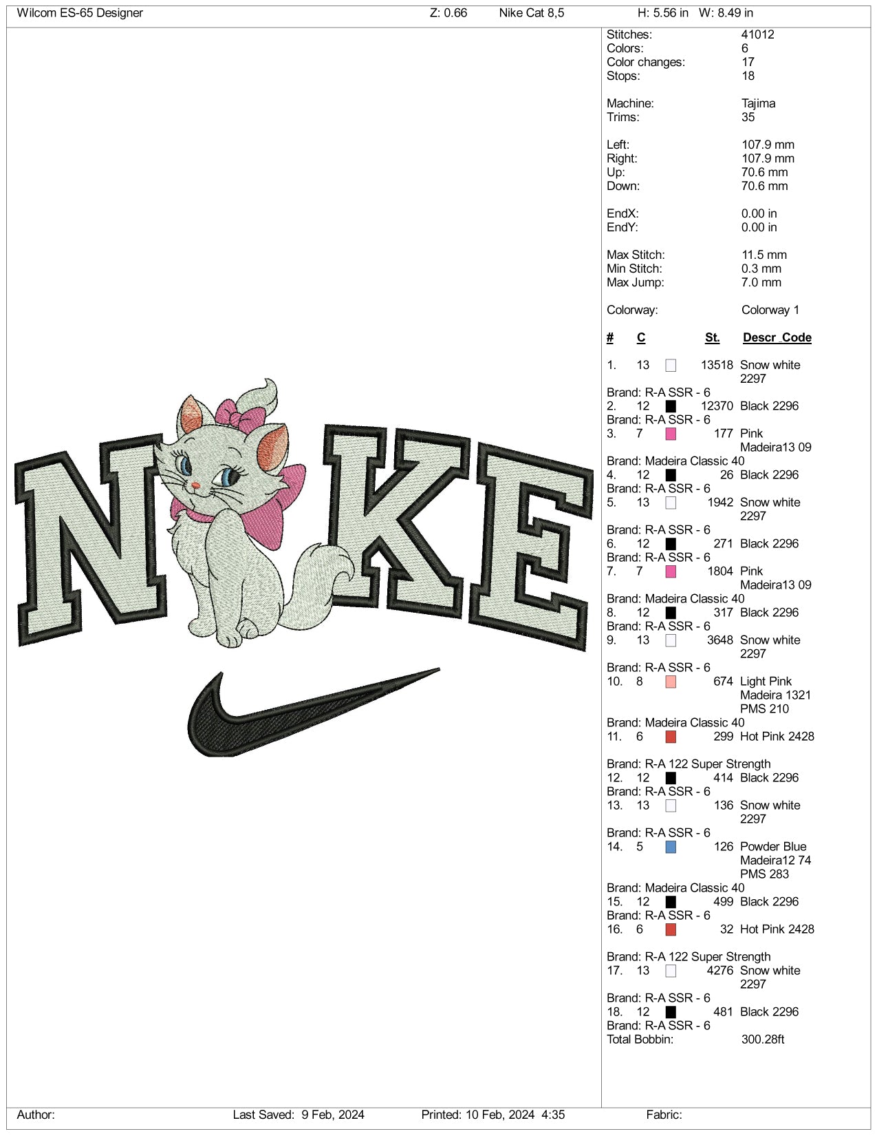 Archivos de diseño de bordado Nike Marie Cat - 3 tamaños