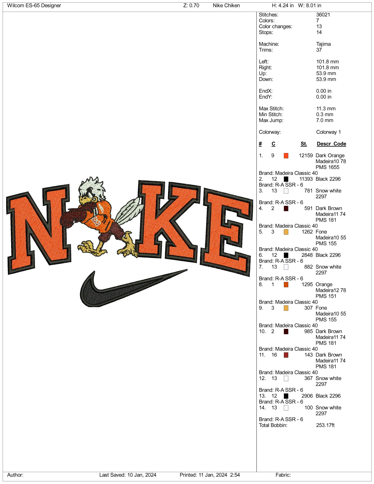NIke Fighter Rooster Embroidery Design Files - 3 Size's