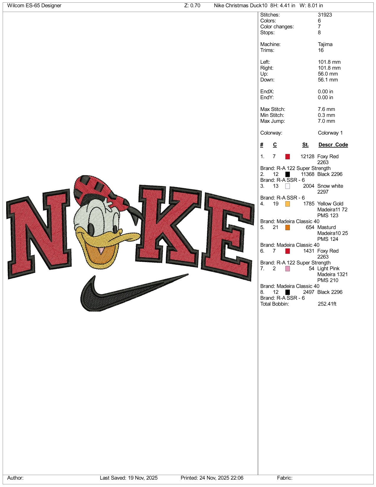 Nike Donald Duck v5 Embroidery Design Files - 3 Size's