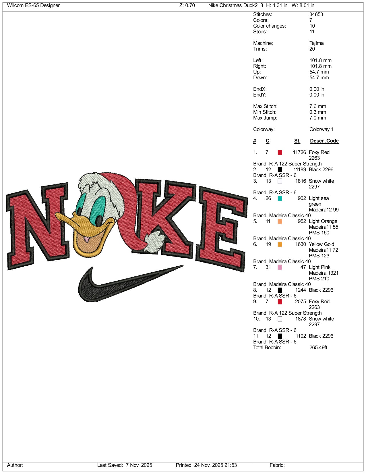 NIke Donald Duck v2 Embroidery Design Files - 3 Size's